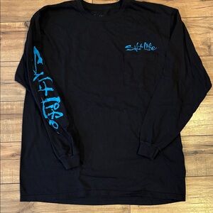 Salt Life Black Long Sleeve Tee with Blue Logo Pocket & Sleeve Script